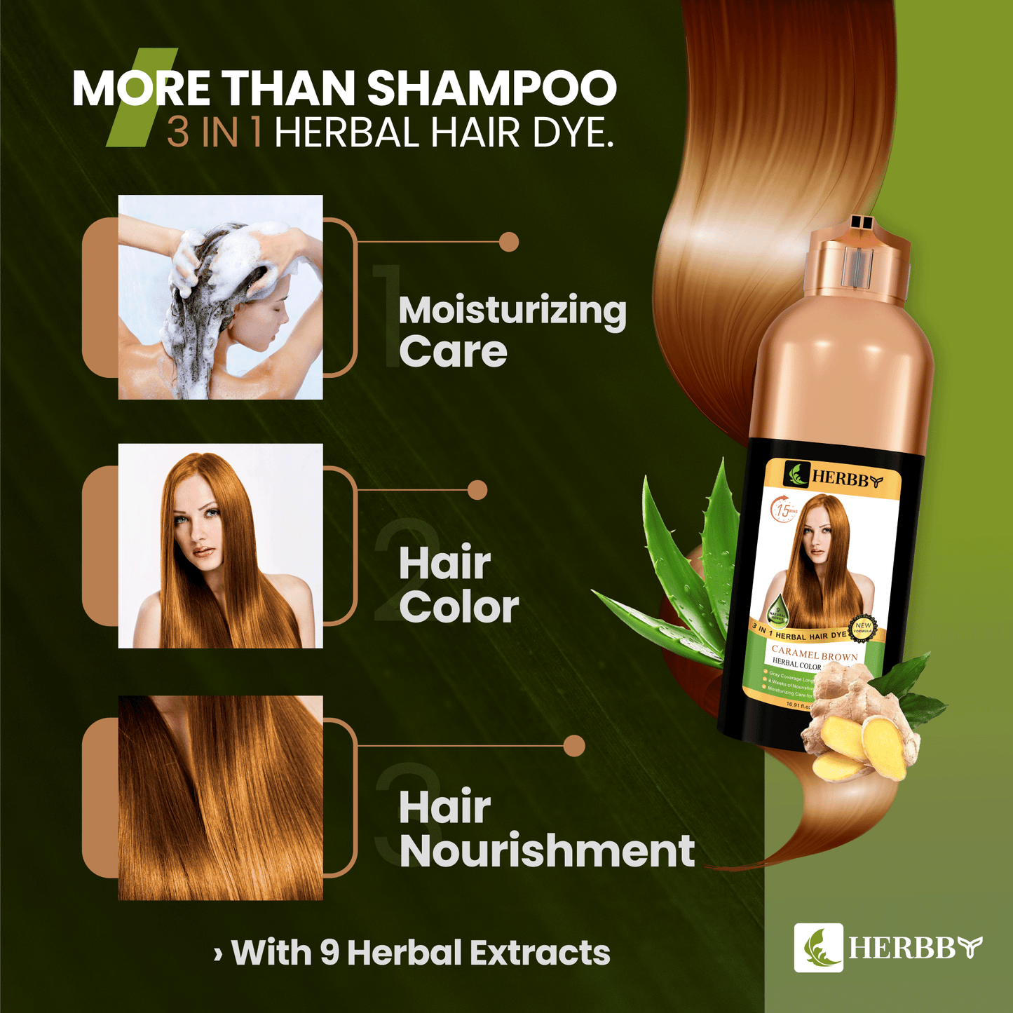 Hair Color Shampoo for Gray Hair Coverage & Color Transformation with 9 Herbal Extracts – Long Lasting (6-8 Weeks), Shiny, Evenly Colored, Instant Hair Dye Shampoo & Conditioner in Minutes, Nonstick to Scalp 500 ML (Caramel Brown Color)