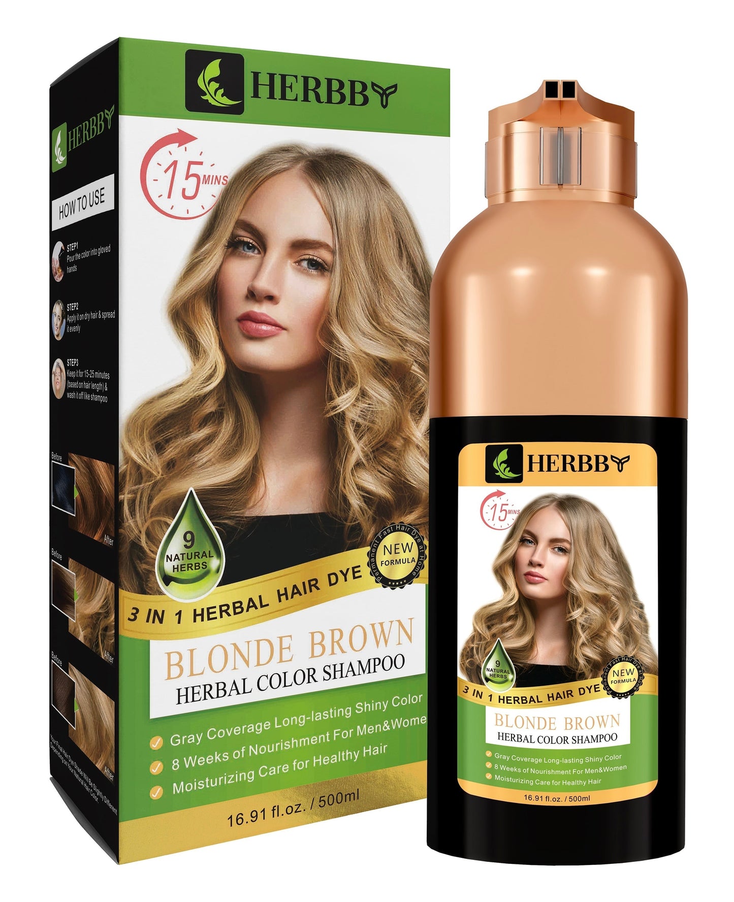 Hair Color Shampoo for Gray Hair Coverage & Color Transformation with 9 Herbal Extracts – Long Lasting (6-8 Weeks), Shiny, Evenly Colored, Instant Hair Dye Shampoo & Conditioner in Minutes, Nonstick to Scalp 500 ML (Blonde Brown Color)