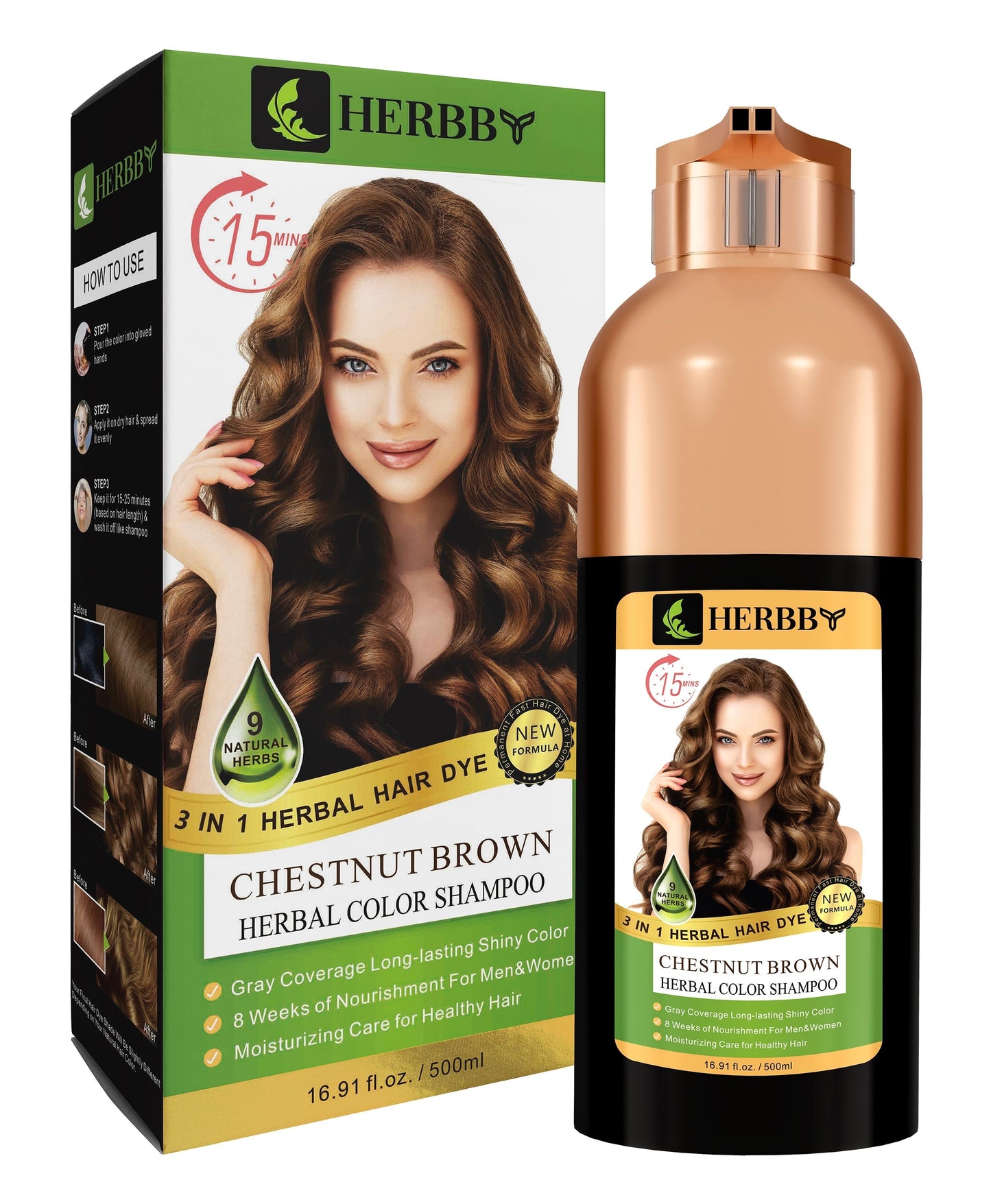 Hair Color Shampoo for Gray Hair Coverage & Color Transformation with 9 Herbal Extracts – Long Lasting (6-8 Weeks), Shiny, Evenly Colored, Instant Hair Dye Shampoo & Conditioner in Minutes, Nonstick to Scalp 500 ML (Chestnut Brown Color)