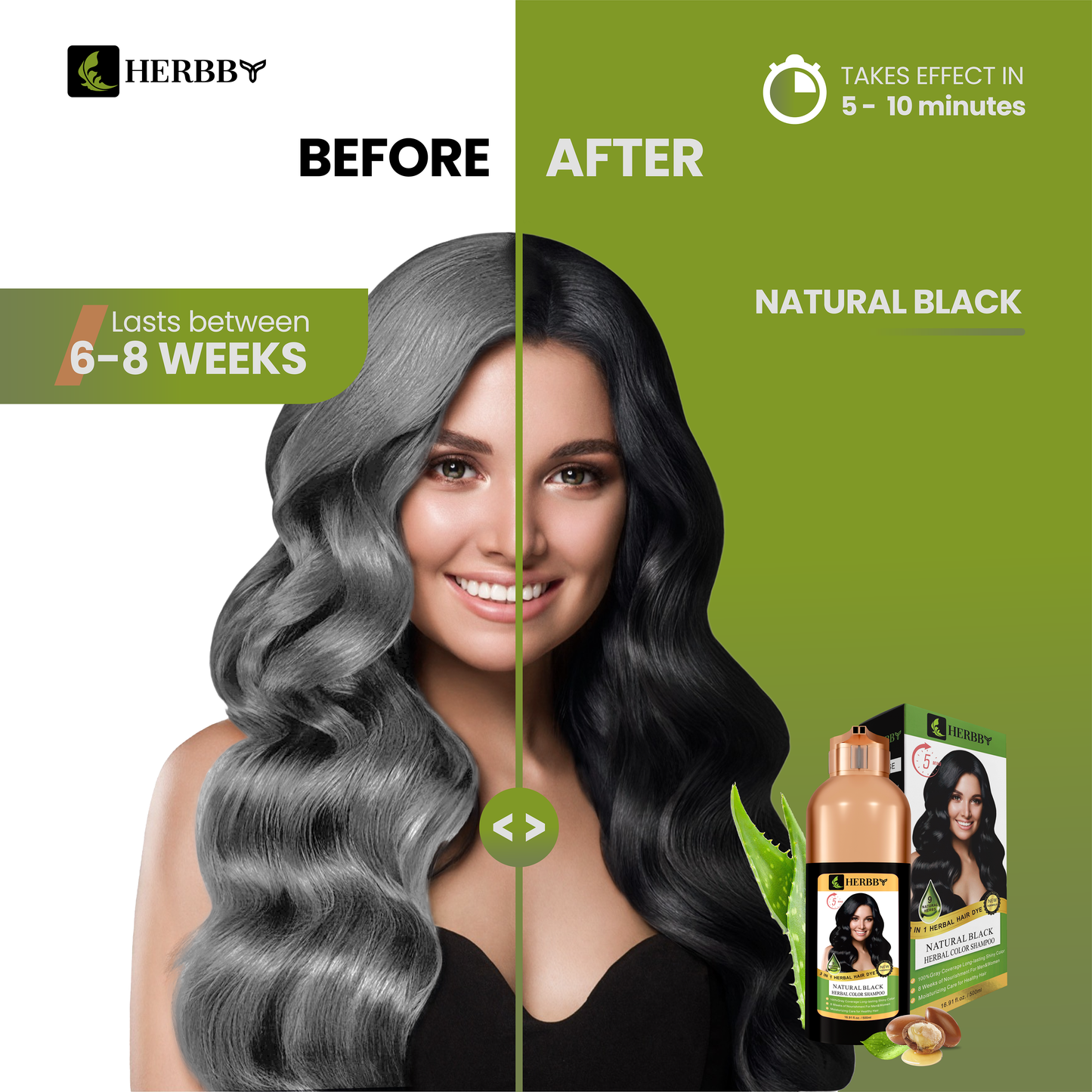 Hair Color Shampoo for Gray Hair Coverage & Color Transformation with 9 Herbal Extracts – Long Lasting (6-8 Weeks), Shiny, Evenly Colored, Instant Hair Dye Shampoo & Conditioner in Minutes, Nonstick to Scalp 500 ML (Natural Black Color)