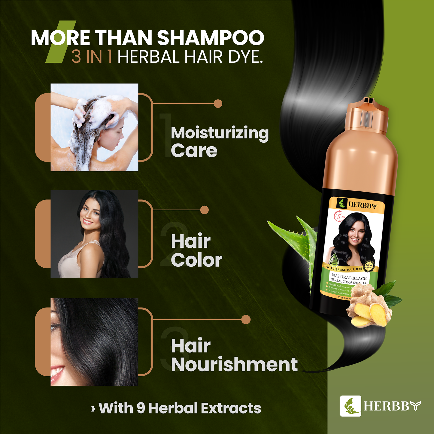 Hair Color Shampoo for Gray Hair Coverage & Color Transformation with 9 Herbal Extracts – Long Lasting (6-8 Weeks), Shiny, Evenly Colored, Instant Hair Dye Shampoo & Conditioner in Minutes, Nonstick to Scalp 500 ML (Natural Black Color)