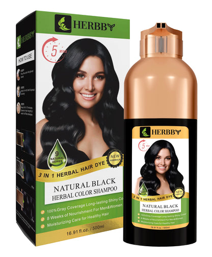 Hair Color Shampoo for Gray Hair Coverage & Color Transformation with 9 Herbal Extracts – Long Lasting (6-8 Weeks), Shiny, Evenly Colored, Instant Hair Dye Shampoo & Conditioner in Minutes, Nonstick to Scalp 500 ML (Natural Black Color)