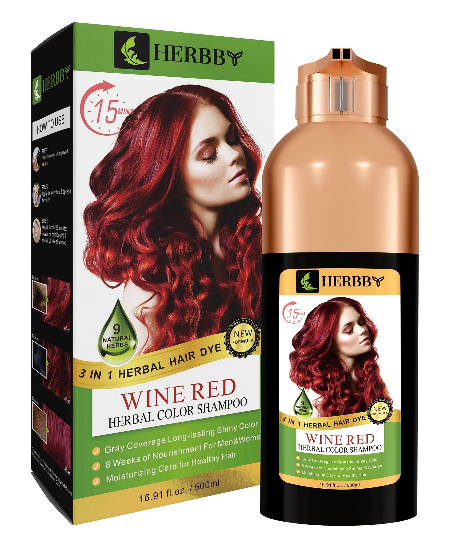 Hair Color Shampoo for Gray Hair Coverage & Color Transformation with 9 Herbal Extracts – Long Lasting (6-8 Weeks), Shiny, Evenly Colored, Instant Hair Dye Shampoo & Conditioner in Minutes, Nonstick to Scalp 500 ML (Wine Red Color)